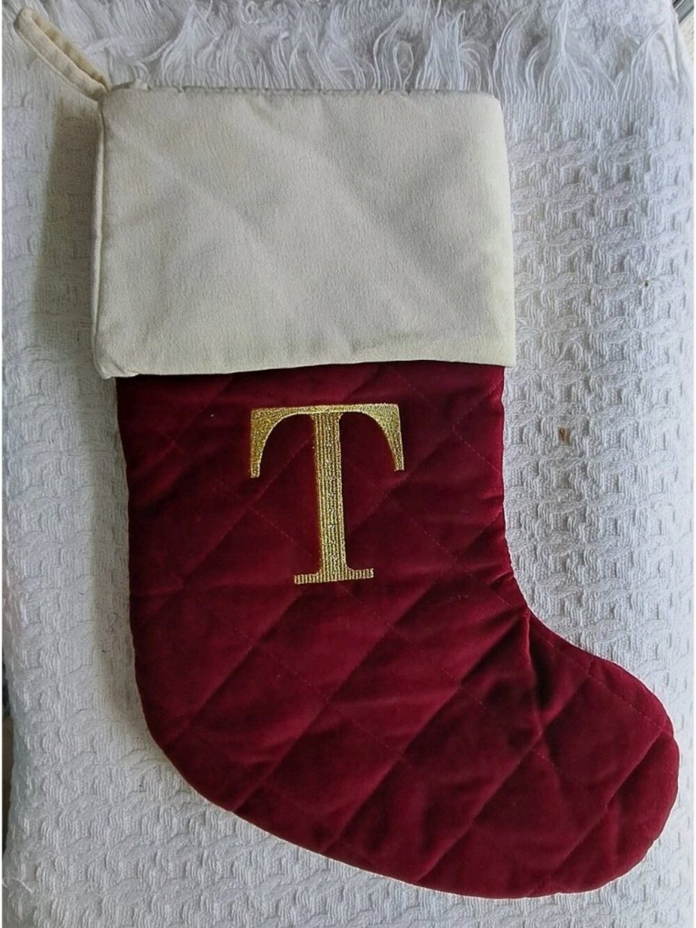 Red Christmas Stocking Gold Initial "T" White Cuff Holiday Santa